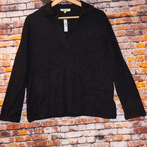 NEW Madewell Relaxed Polo Cozy Rib Deepest Black Long Sleeve V-Neck NT722